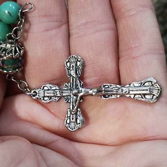 VINTAGE SILVER-TONE FAUX TURQUOISE 7MM BEADS/DECORATIVE BEADS 54" ROSARY - Picture 5 of 10